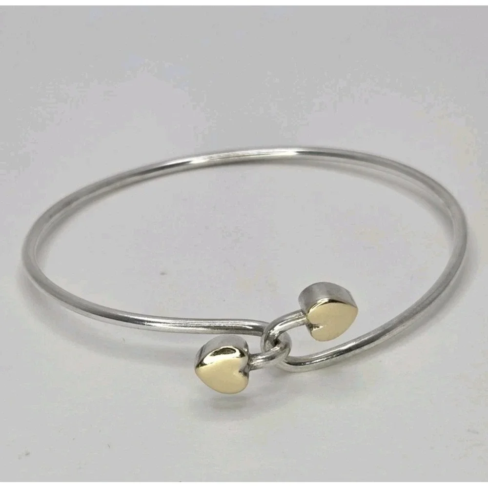 Tiffany &Co 18K Gold Double Hearts w/ Silver Bangle Love Hook Bracelet Love Gift
